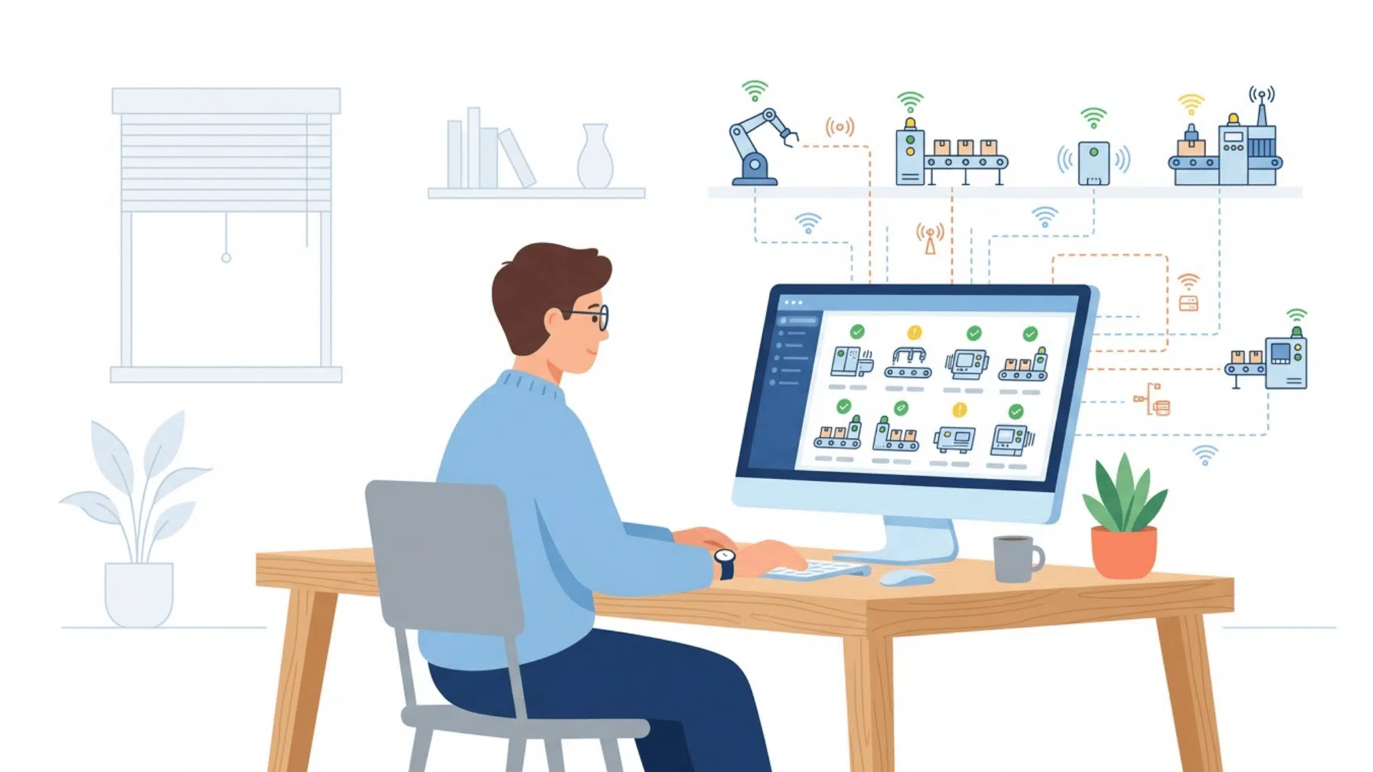 person using computer to monitor smart factory system with connected machines, sensors and real time data dashboard