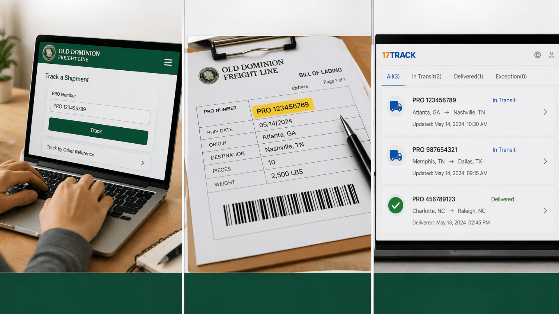 person using laptop to track freight shipment, pro number on shipping document, and dashboard showing multiple tracking updates in three panel layout
