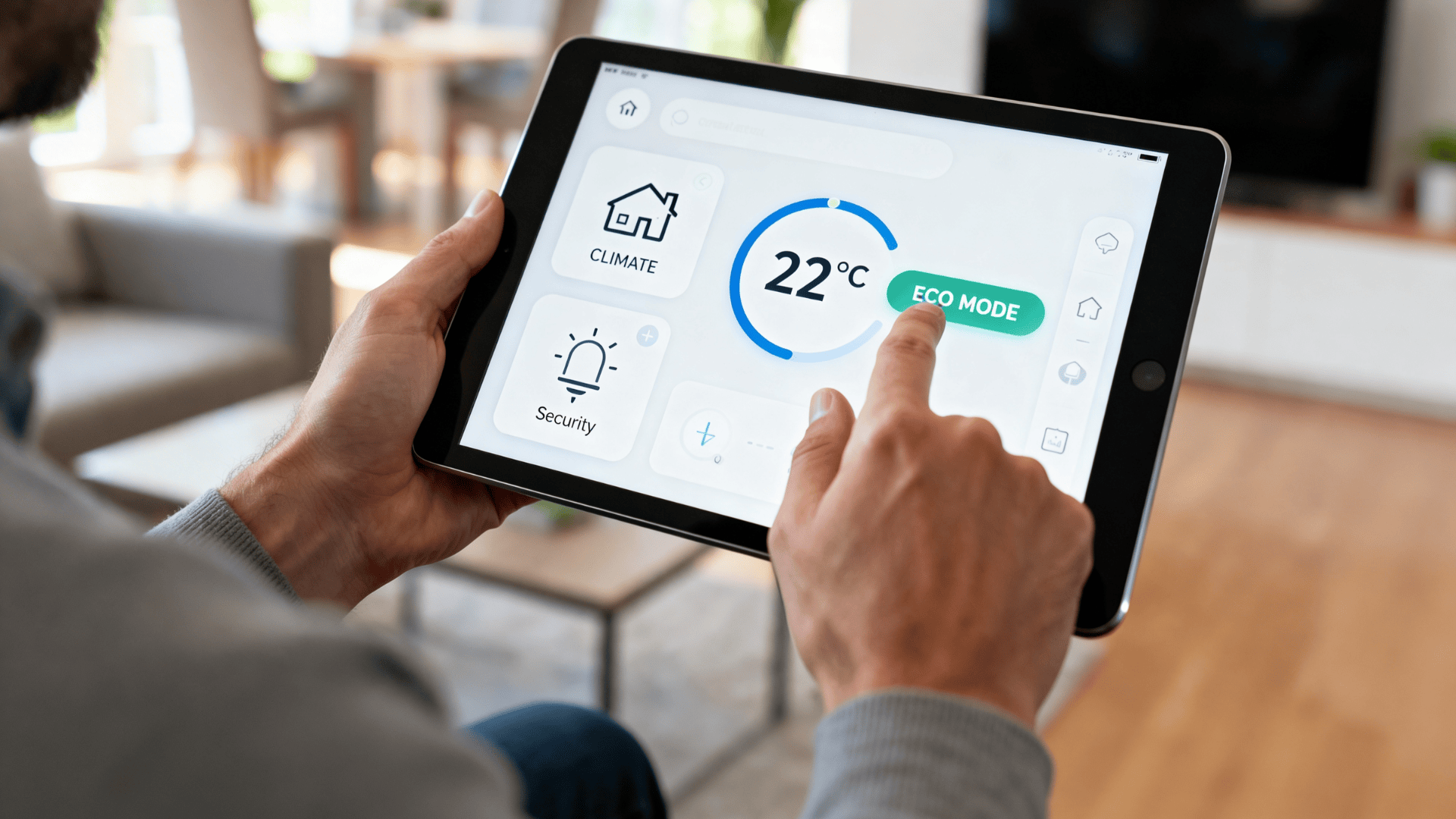 person using tablet to control smart hvac system with temperature settings eco mode and home automation interface in living room