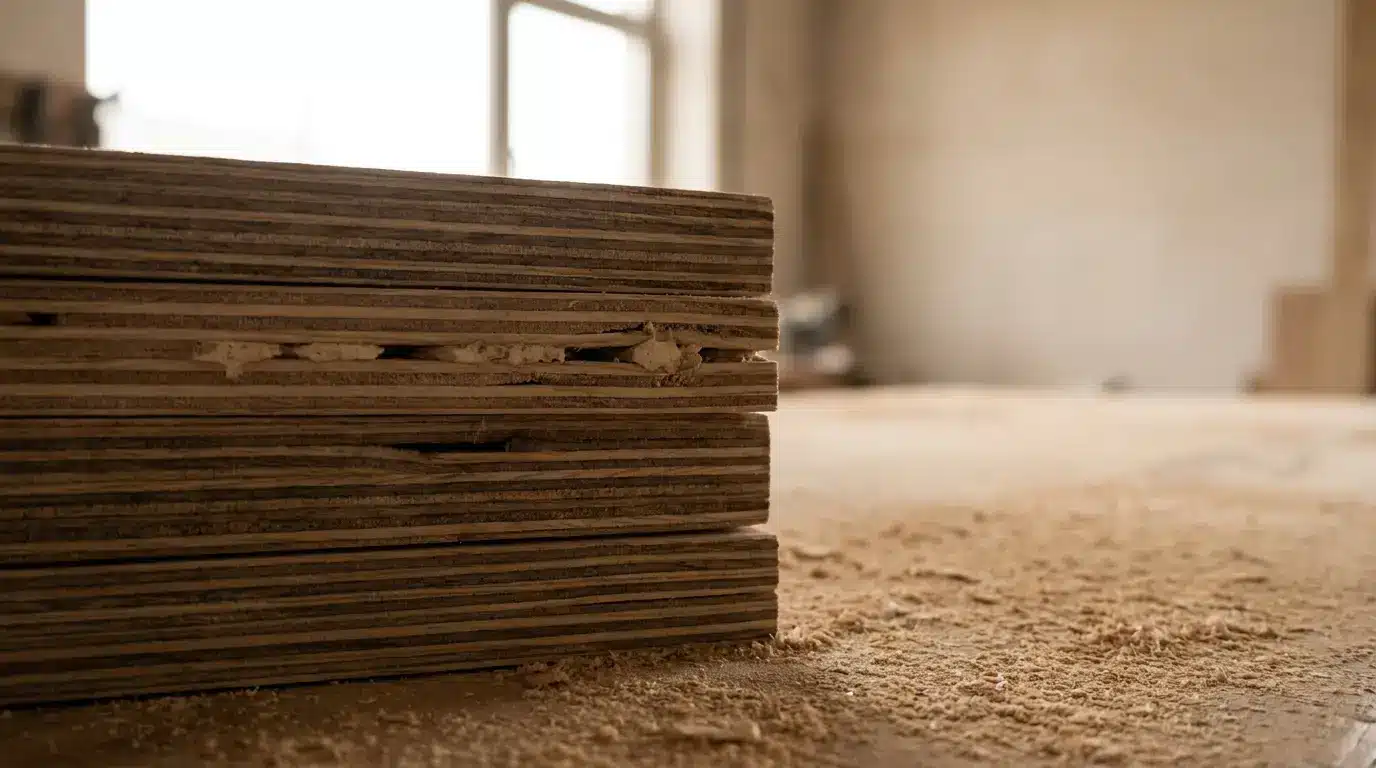 Stack of plywood sheets on dusty workshop table in soft light