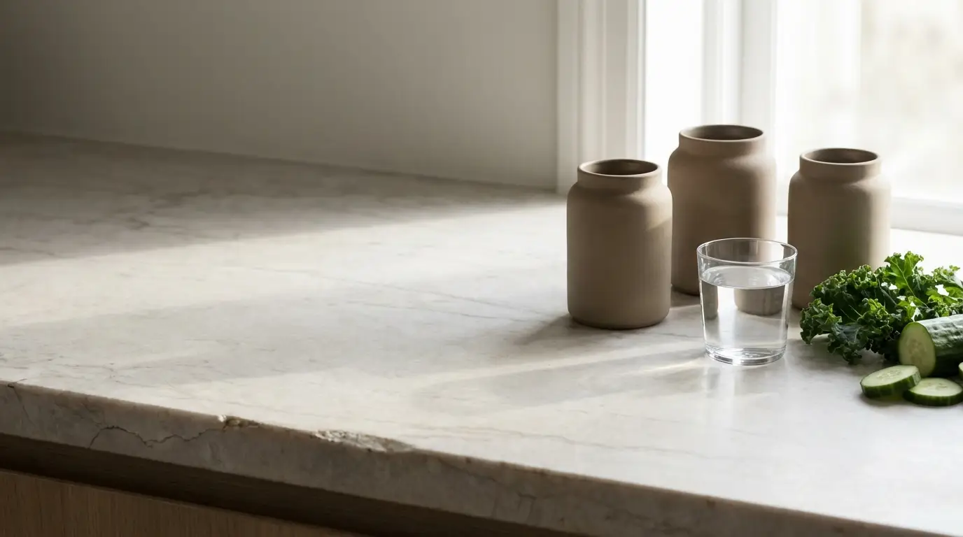 Ceramic vases and glass of water on marble counter with sliced cucumber and kale in natural light