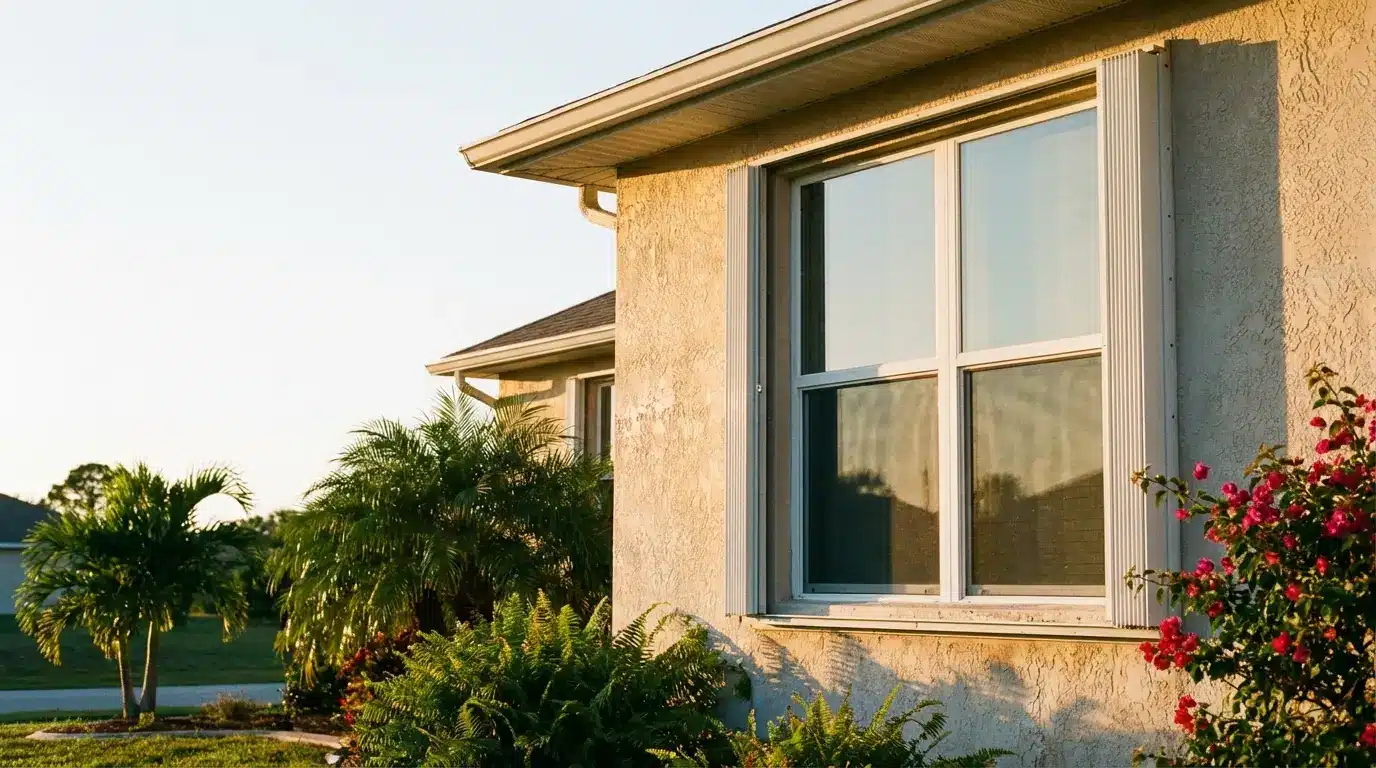 Side of house with large window surrounded by palm trees and flowering bushes in sunlight