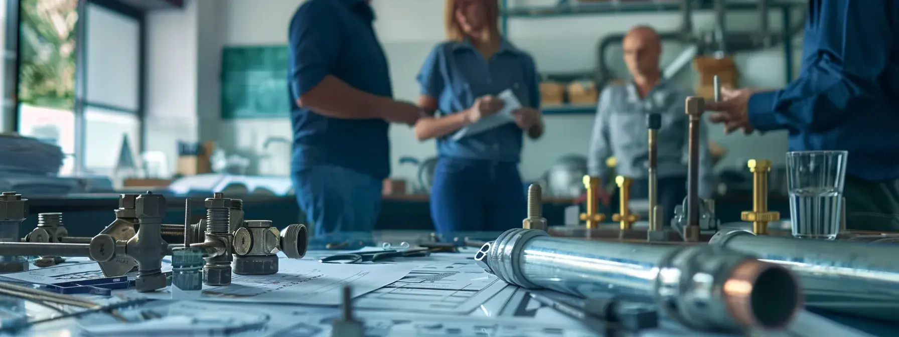 Engineering team discussing plans in workshop with metal parts and blueprints on the table