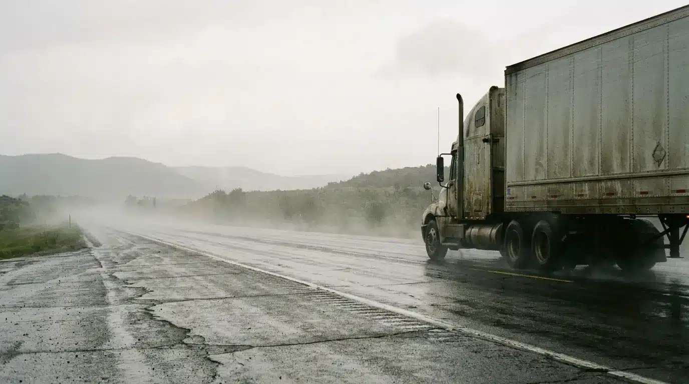 Large semi-truck driving on misty highway with overcast sky and distant hills