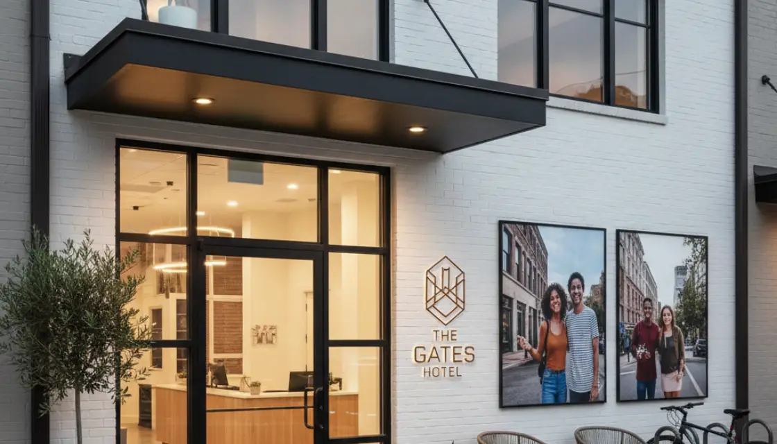 Hotel entrance with modern glass doors and outdoor seating on brick wall background