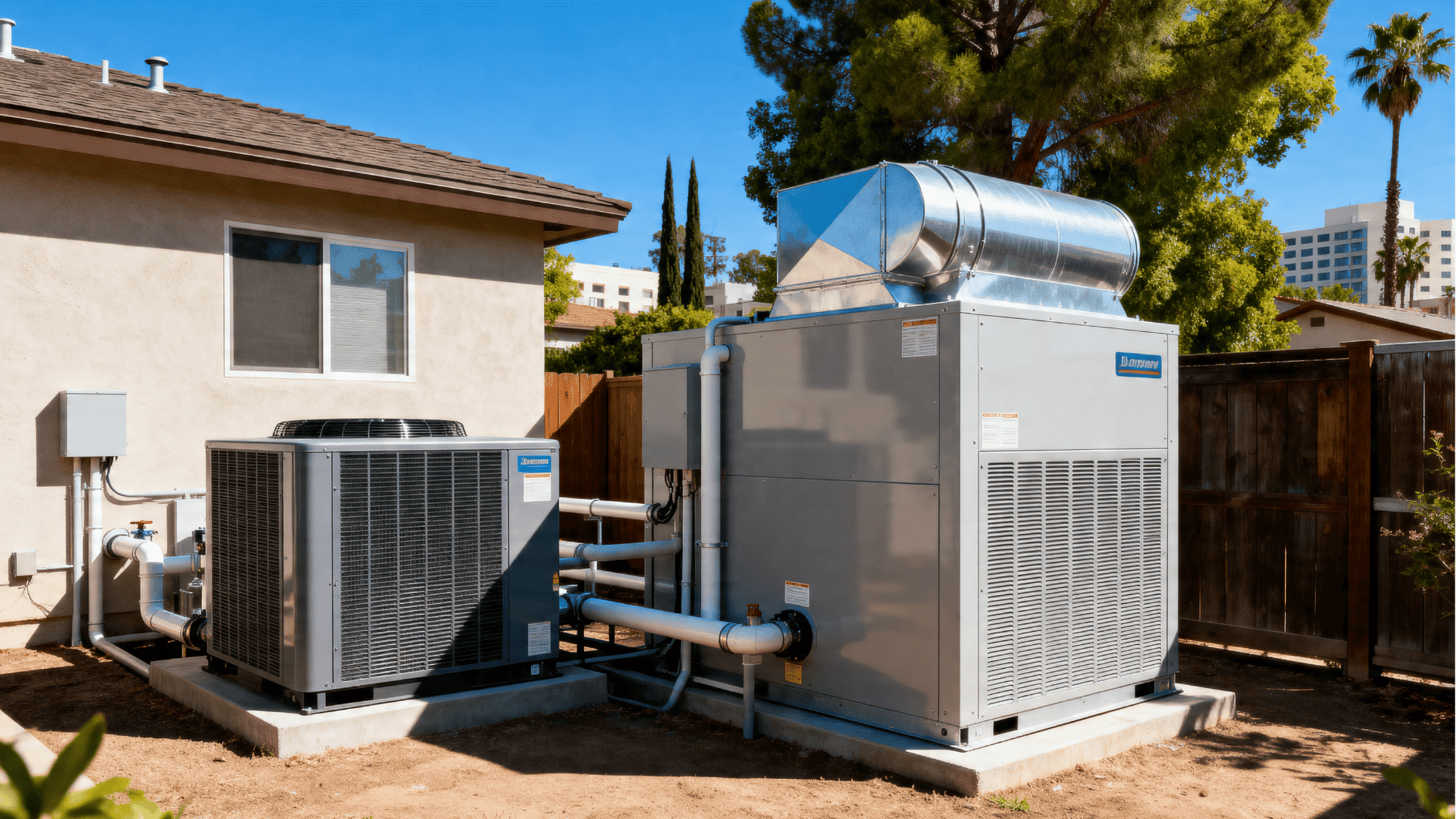 residential outdoor hvac system beside a house, large metal unit and condenser with piping, sunny day, backyard setting