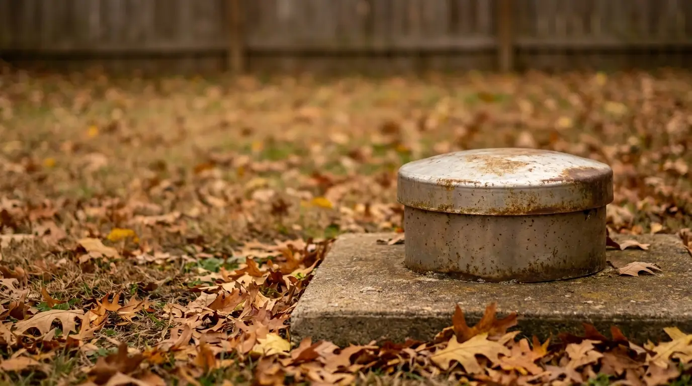 Rusty metal cap on concrete surrounded by fallen leaves in a grassy yard