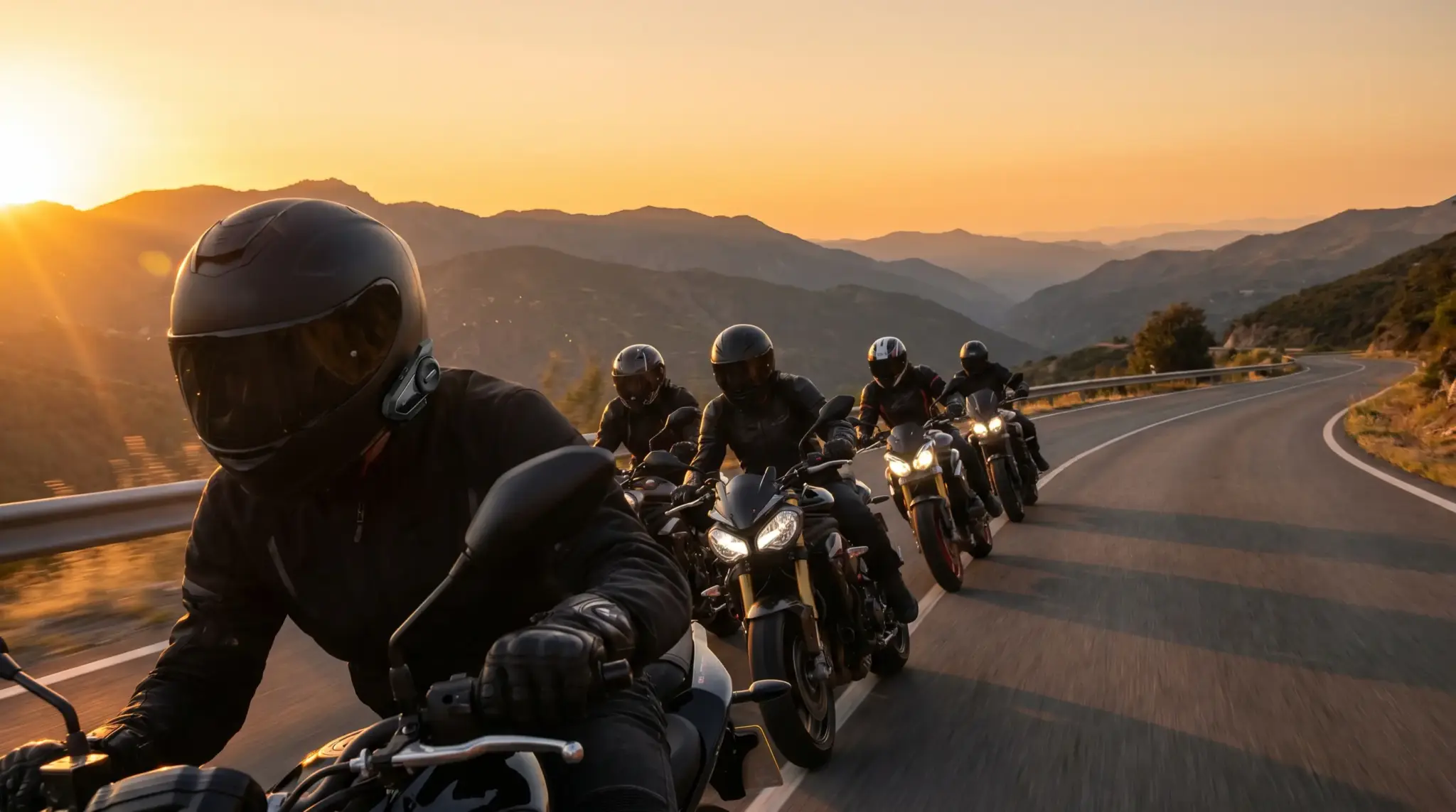 Motorcyclists riding on a winding road at sunset in a mountainous landscape
