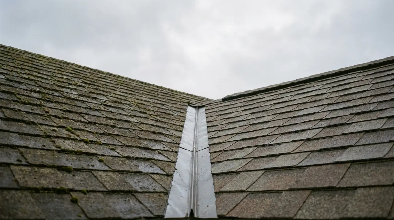 Asphalt shingle roof with metal valley under cloudy sky