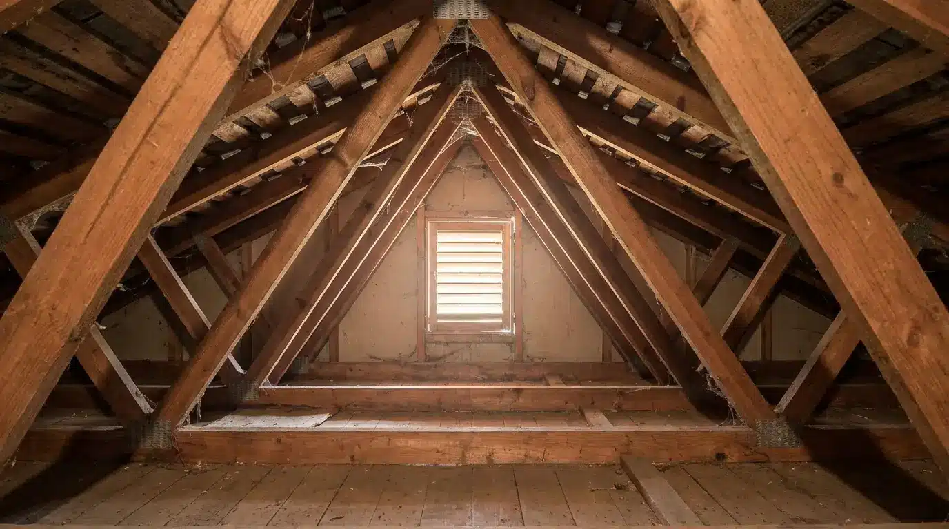 Wooden attic interior with exposed beams and a small window allowing natural light