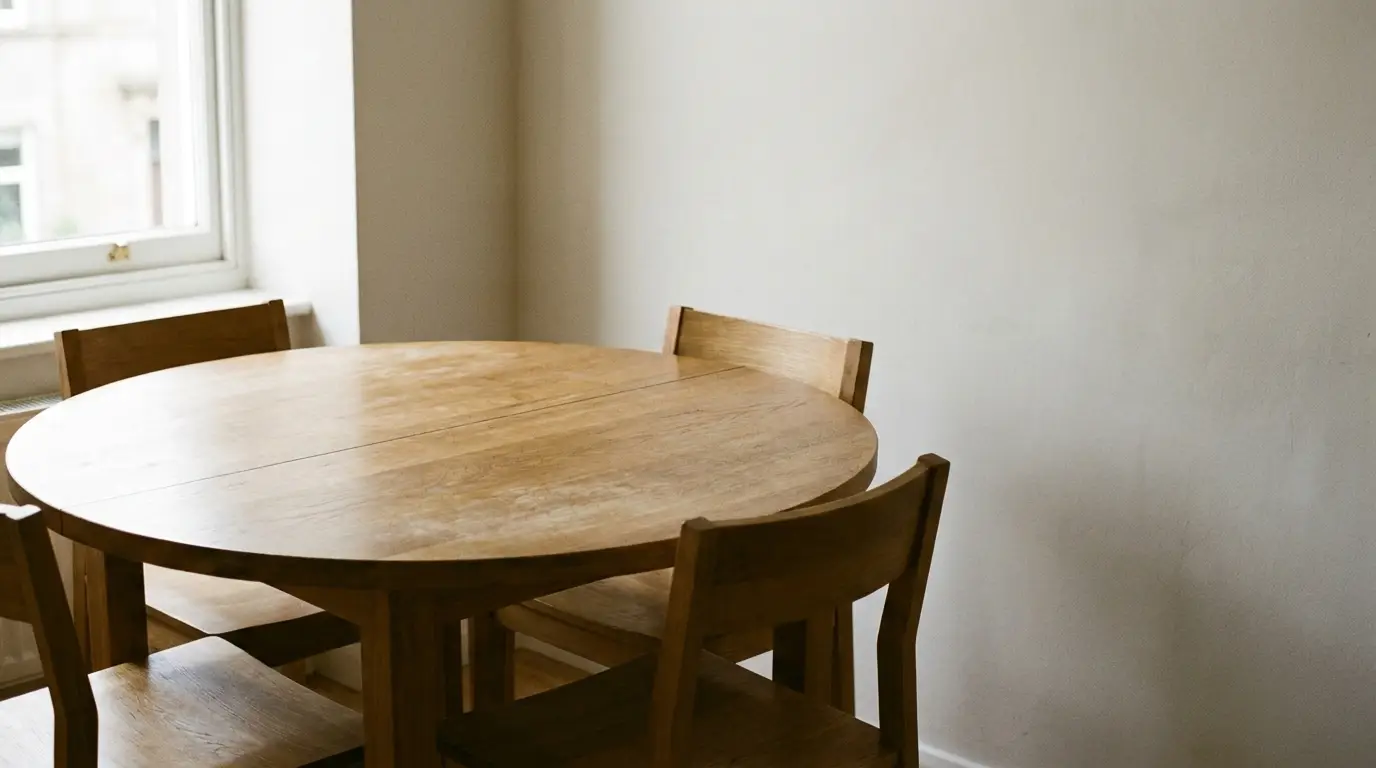 Round wooden dining table with four chairs in a bright, minimalist room
