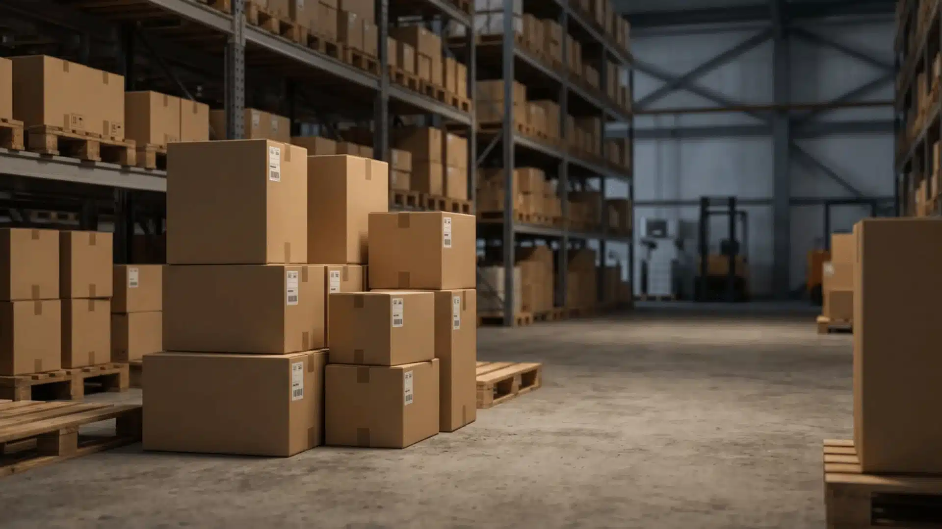 Shipping boxes with labels on a warehouse floor near metal shelves