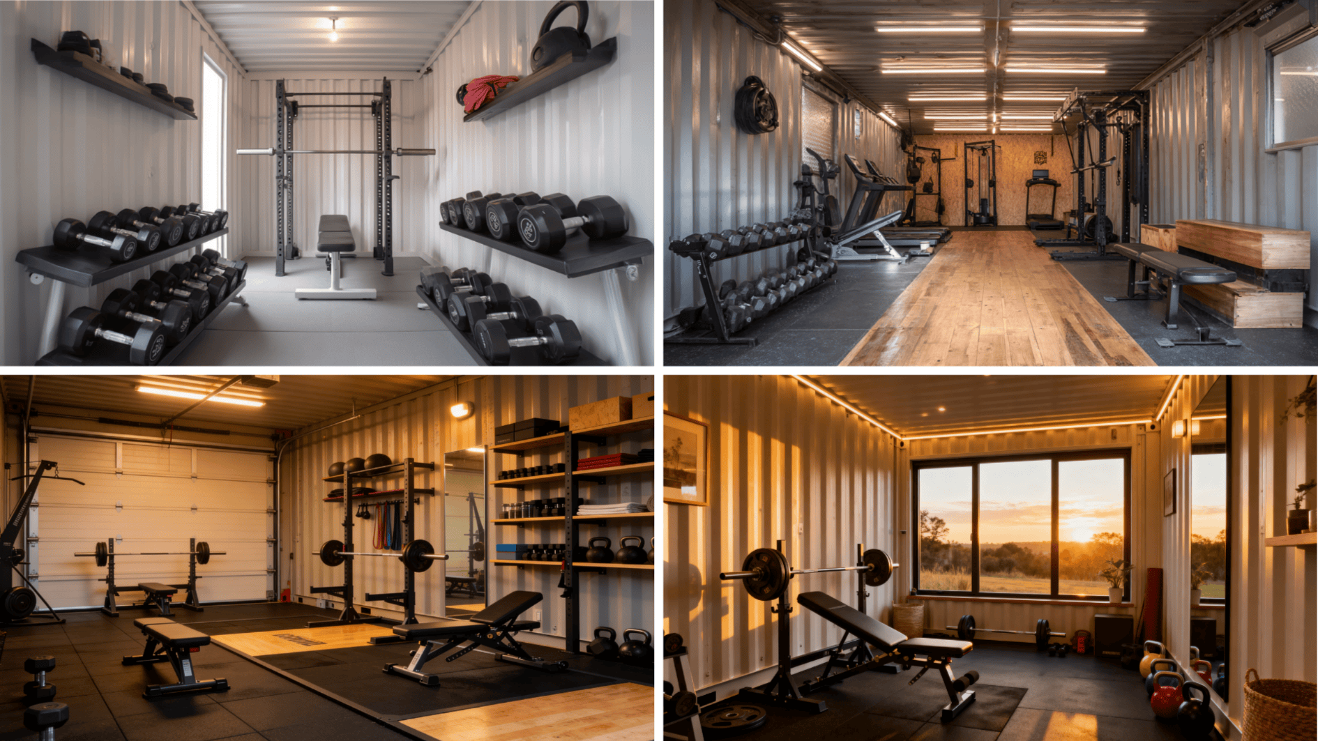 shipping container gym interiors with weights, racks, benches, organized compact and full workout setups