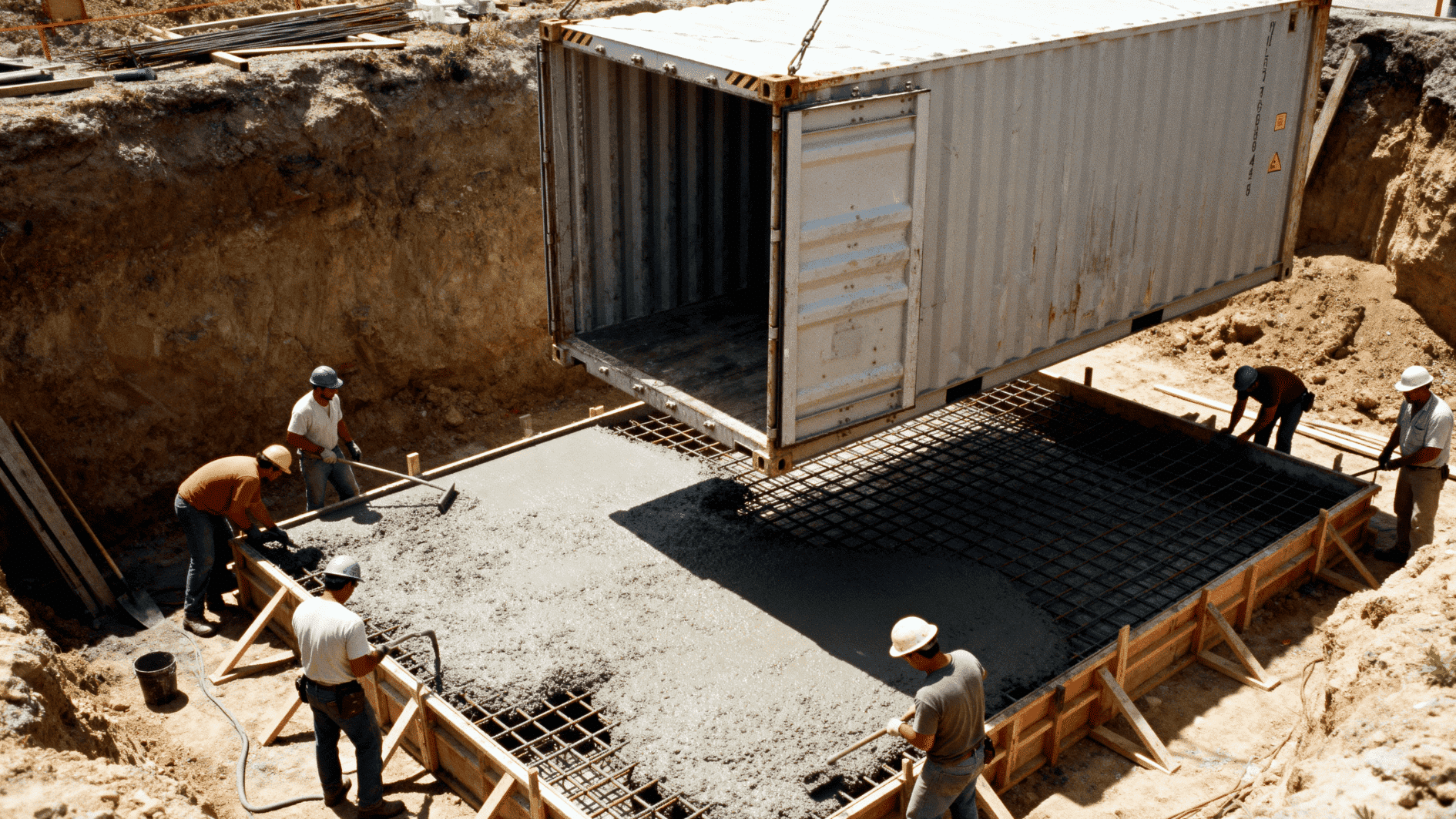 shipping container lowered into excavated pit onto reinforced concrete base with workers smoothing fresh concrete slab