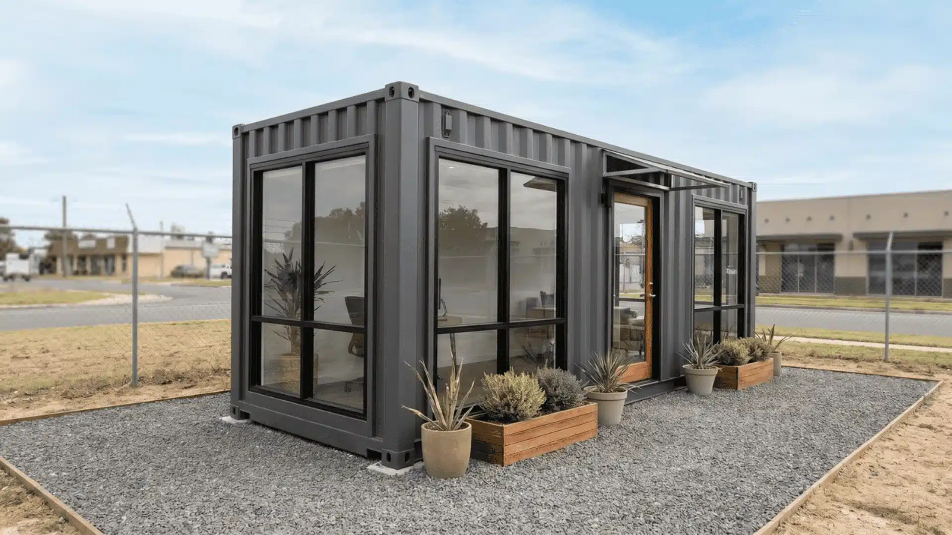 Shipping container office with door and windows on gravel lot