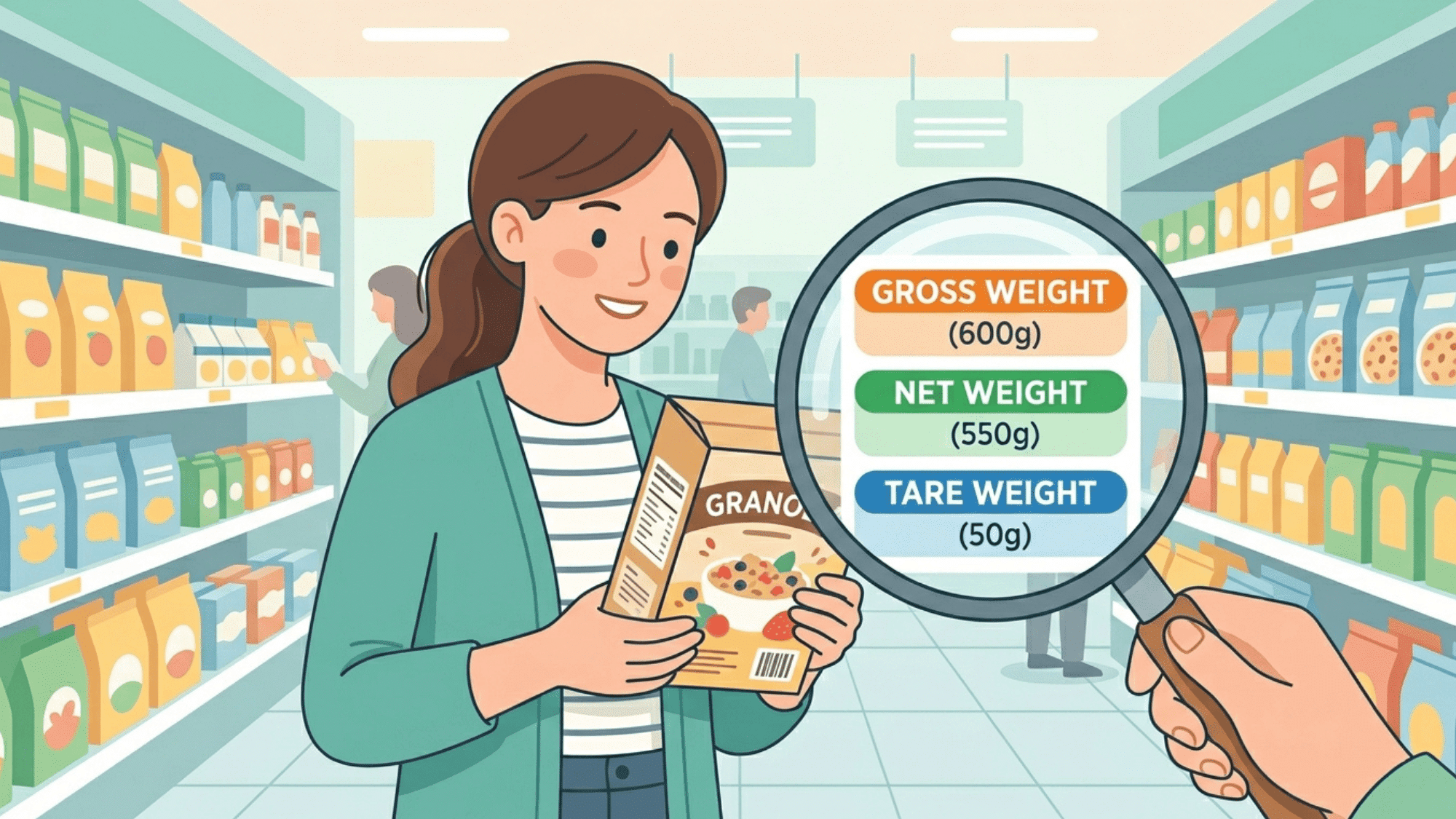 shopper reading food label with magnified view explaining gross, net, and tare weight values