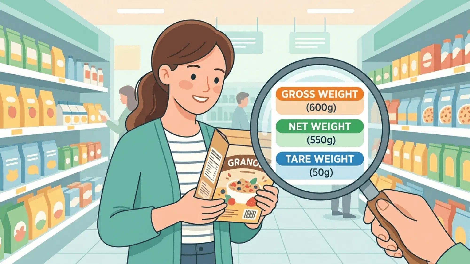 shopper reading food label with magnified view explaining gross, net, and tare weight values