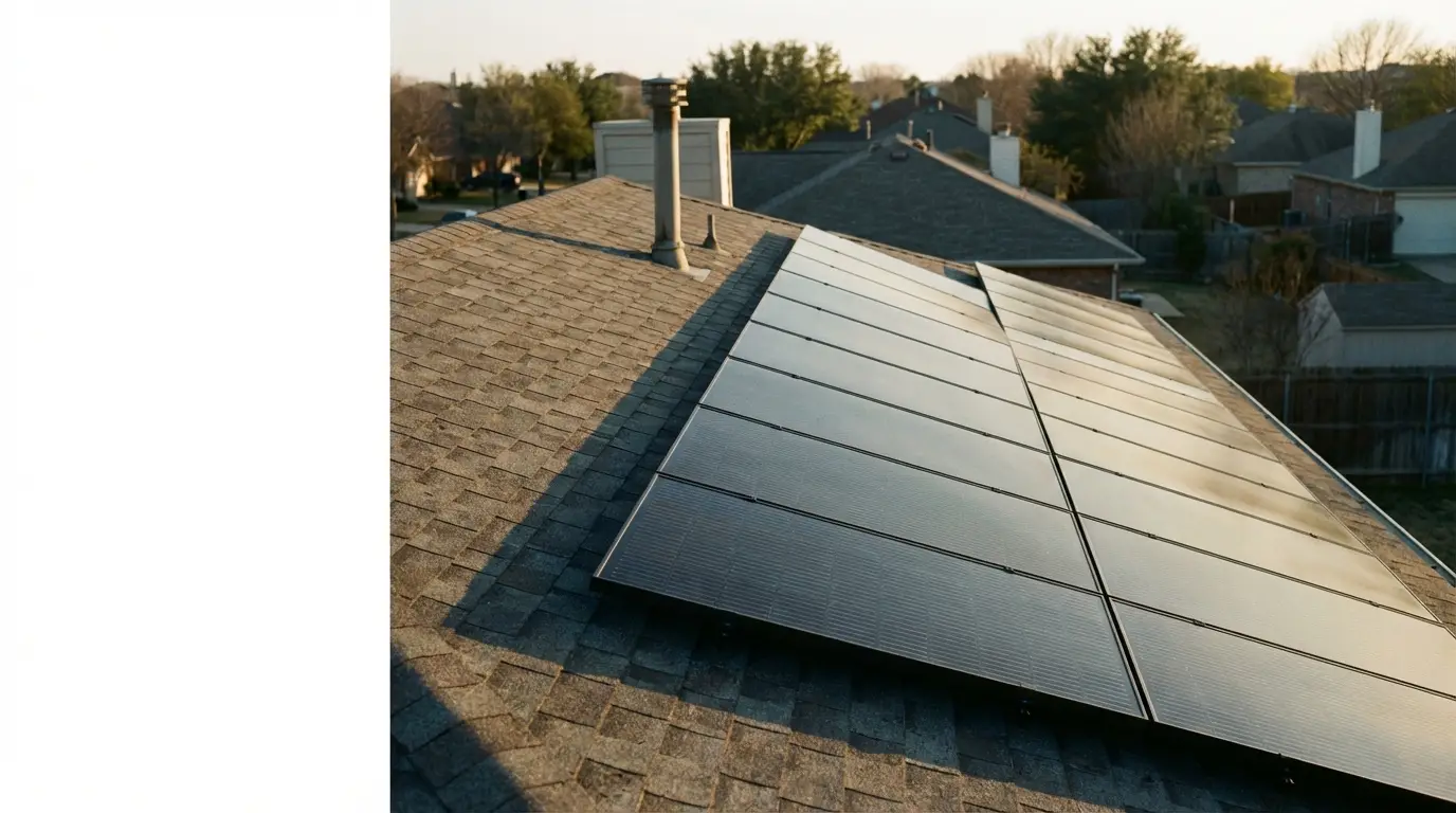 Solar panels installed on residential rooftop at sunset with trees in the background