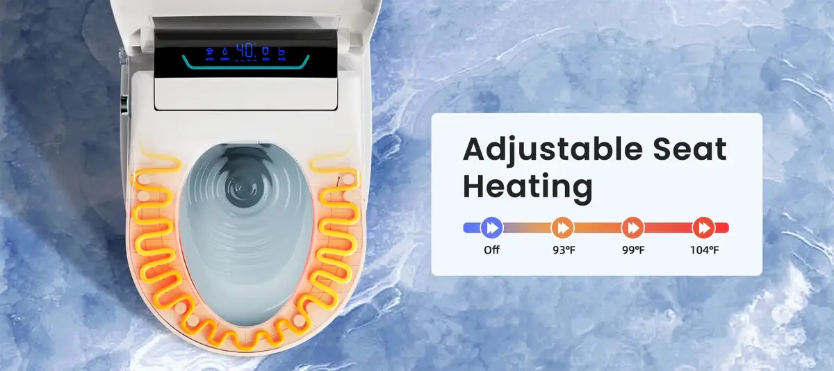 Smart toilet seat with digital display and adjustable heating settings on textured blue background