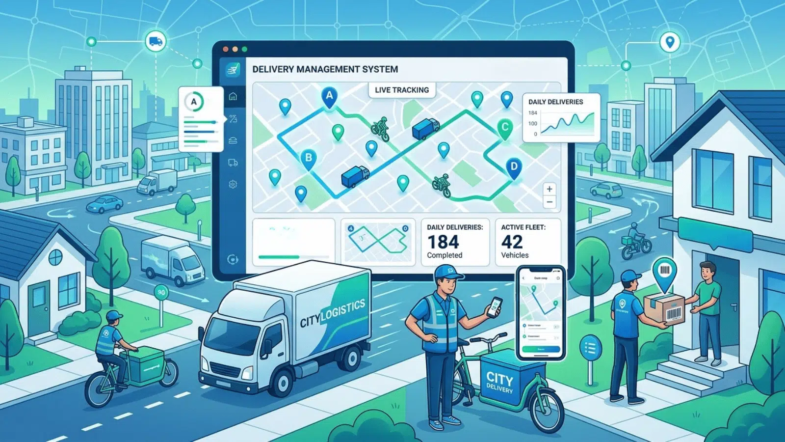 smart delivery management system interface displaying live tracking, fleet data, daily deliveries, and urban logistics operations in action