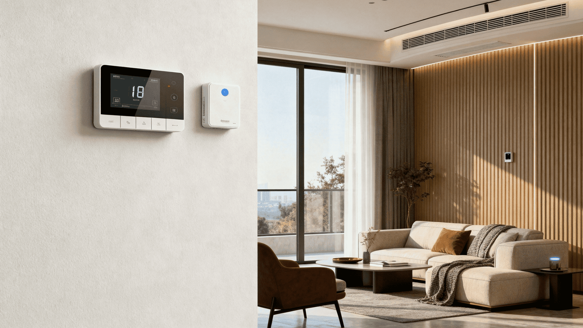 smart hvac control panel and sensor installed on wall in a cozy modern living room with sofa wooden panels and natural sunlight