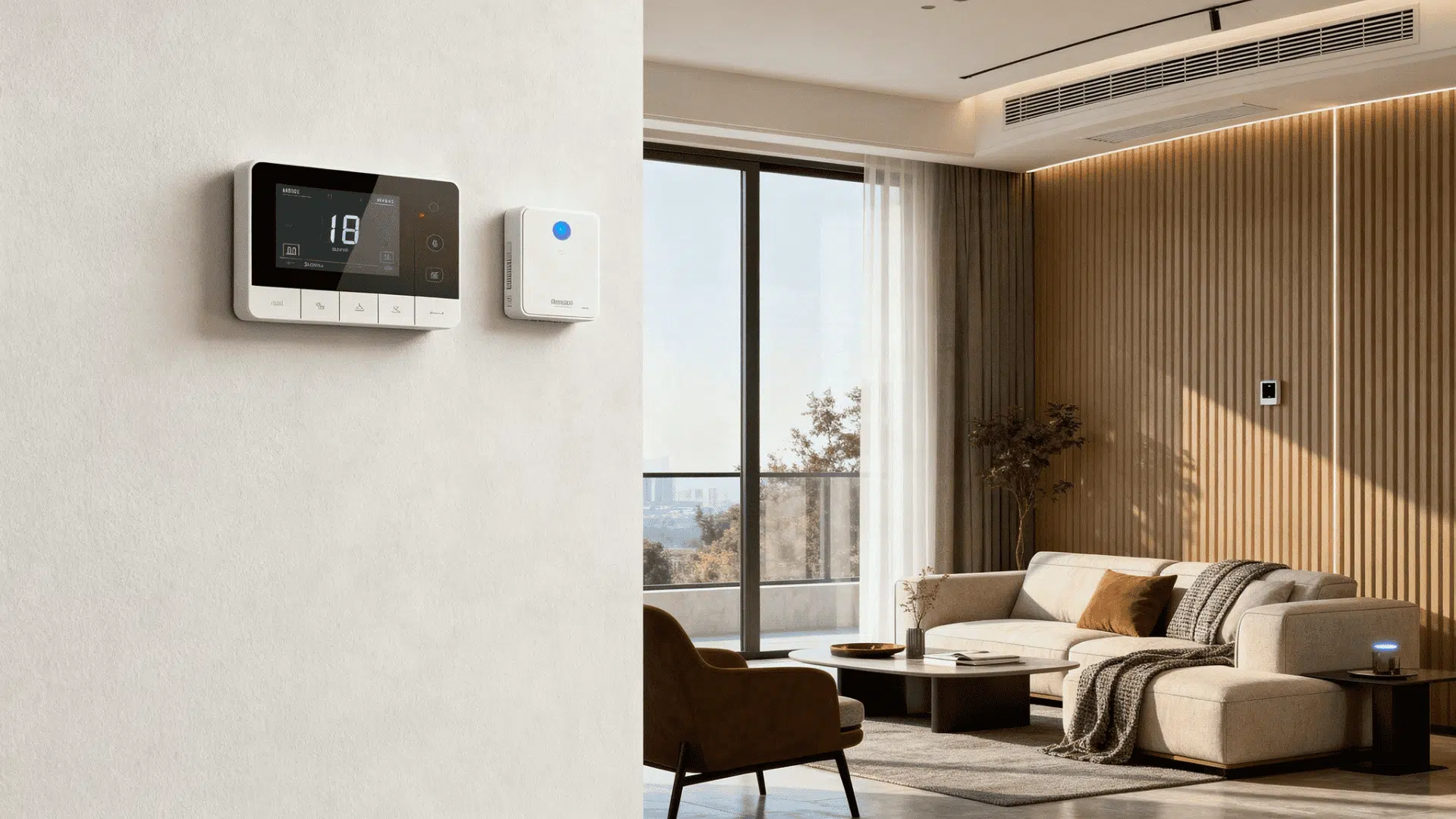smart hvac control panel and sensor installed on wall in a cozy modern living room with sofa wooden panels and natural sunlight