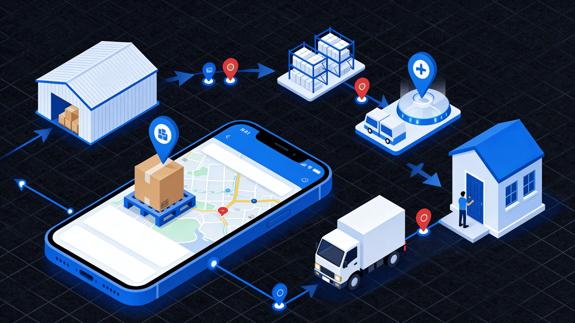 smartphone-based package tracking with warehouse, delivery truck, and home destination connected by digital route and location pins