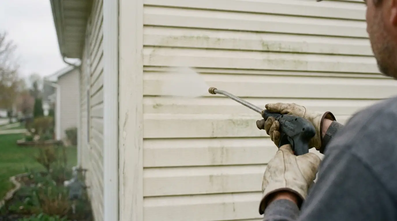 Person pressure washing green-stained house siding outdoors with garden gloves and spray nozzle