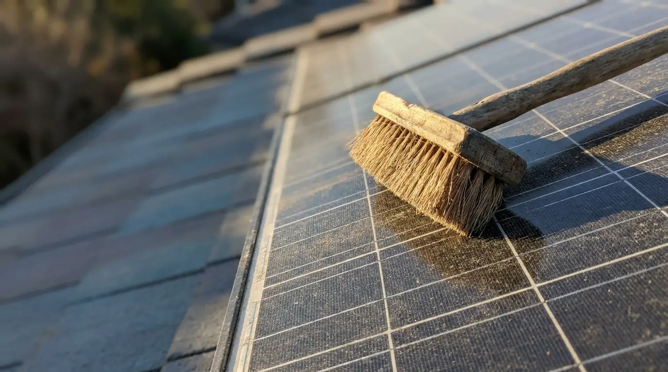Wooden brush resting on solar panel surface with grid lines in outdoor setting