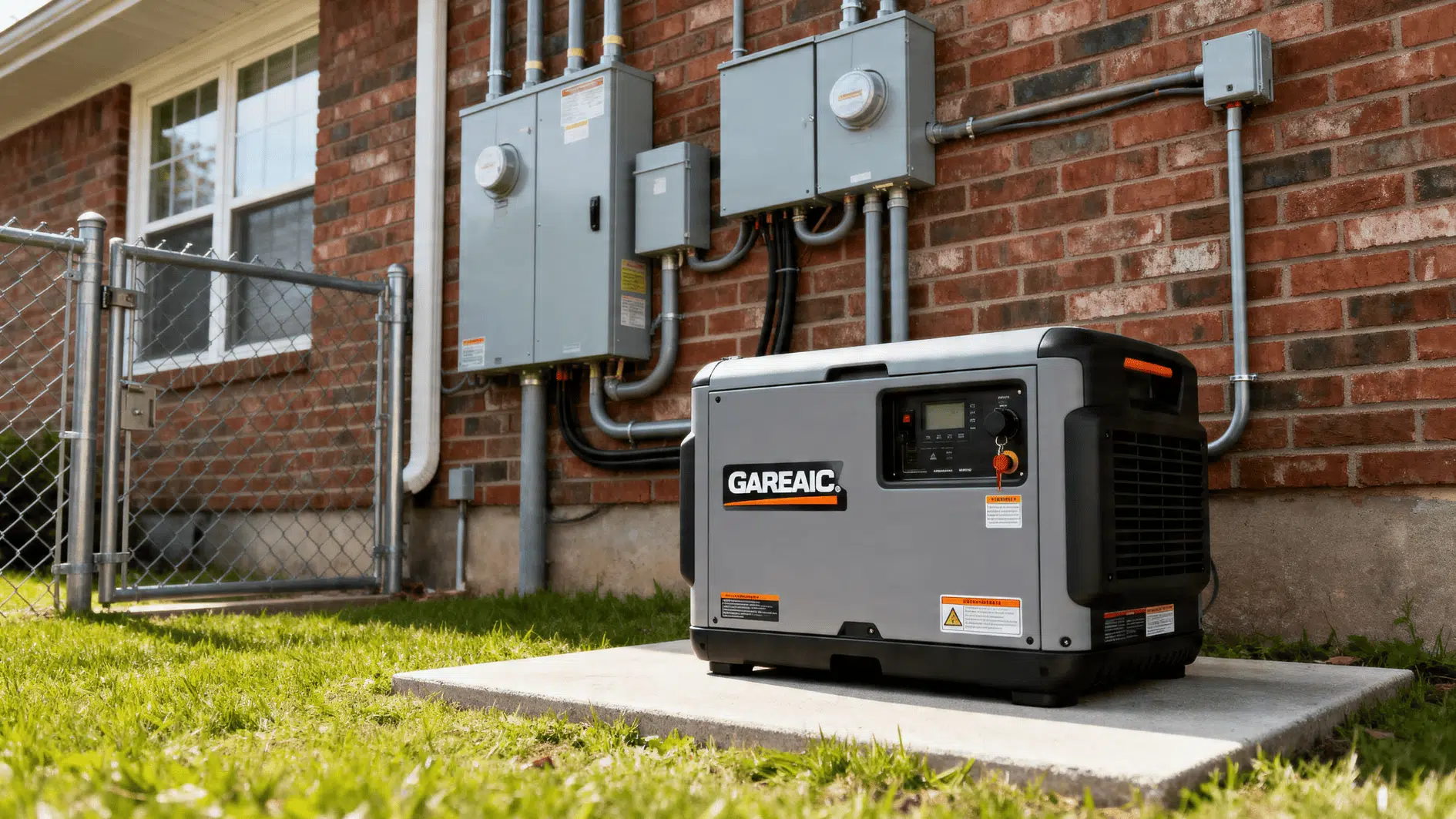 standby generator installed outside brick house connected to electrical panels backup power system on concrete pad residential setup