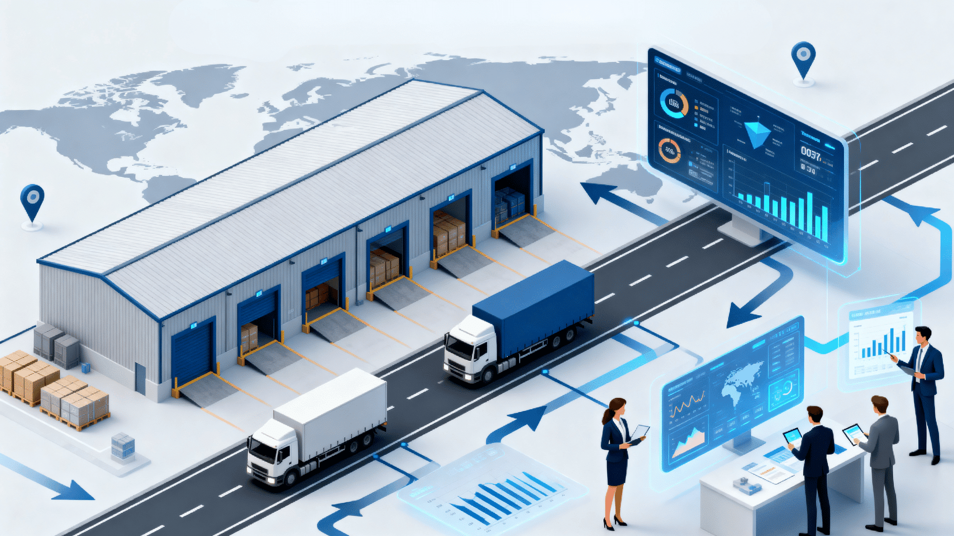 supply chain optimization concept with global map, shipping routes, warehouse, trucks, and professionals analyzing logistics data dashboards