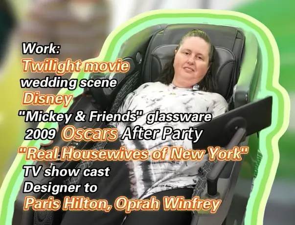 Woman relaxing on a massage chair with a colorful abstract background