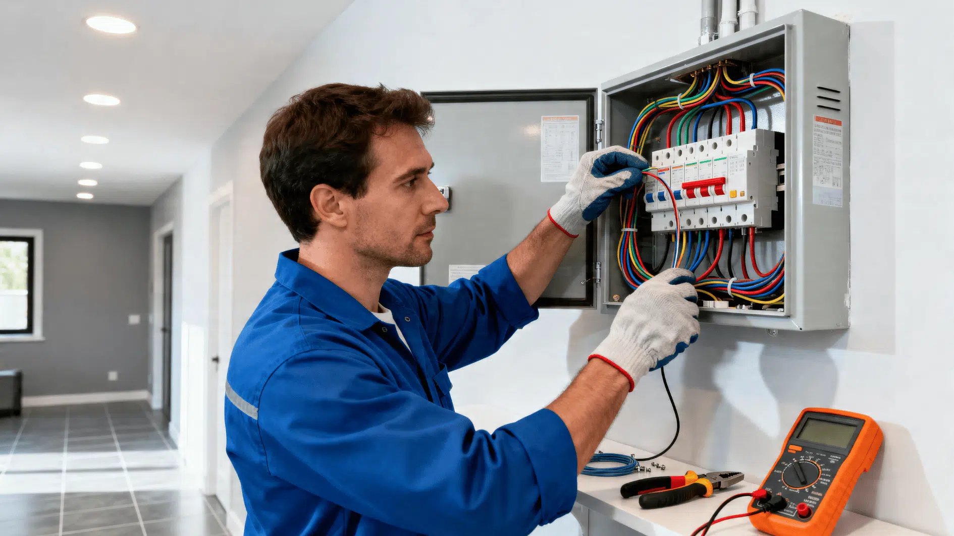 technician wiring electrical panel and testing circuits with multimeter in modern home interior setup