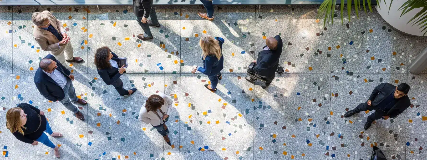 People walking on terrazzo floor in bright modern office atrium, seen from above