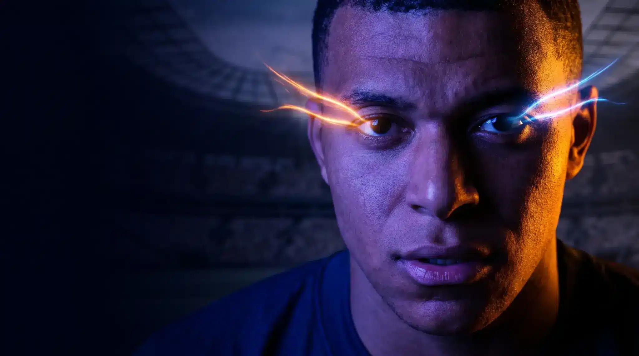 Close-up of a person with vibrant energy effects near eyes in a dark stadium setting