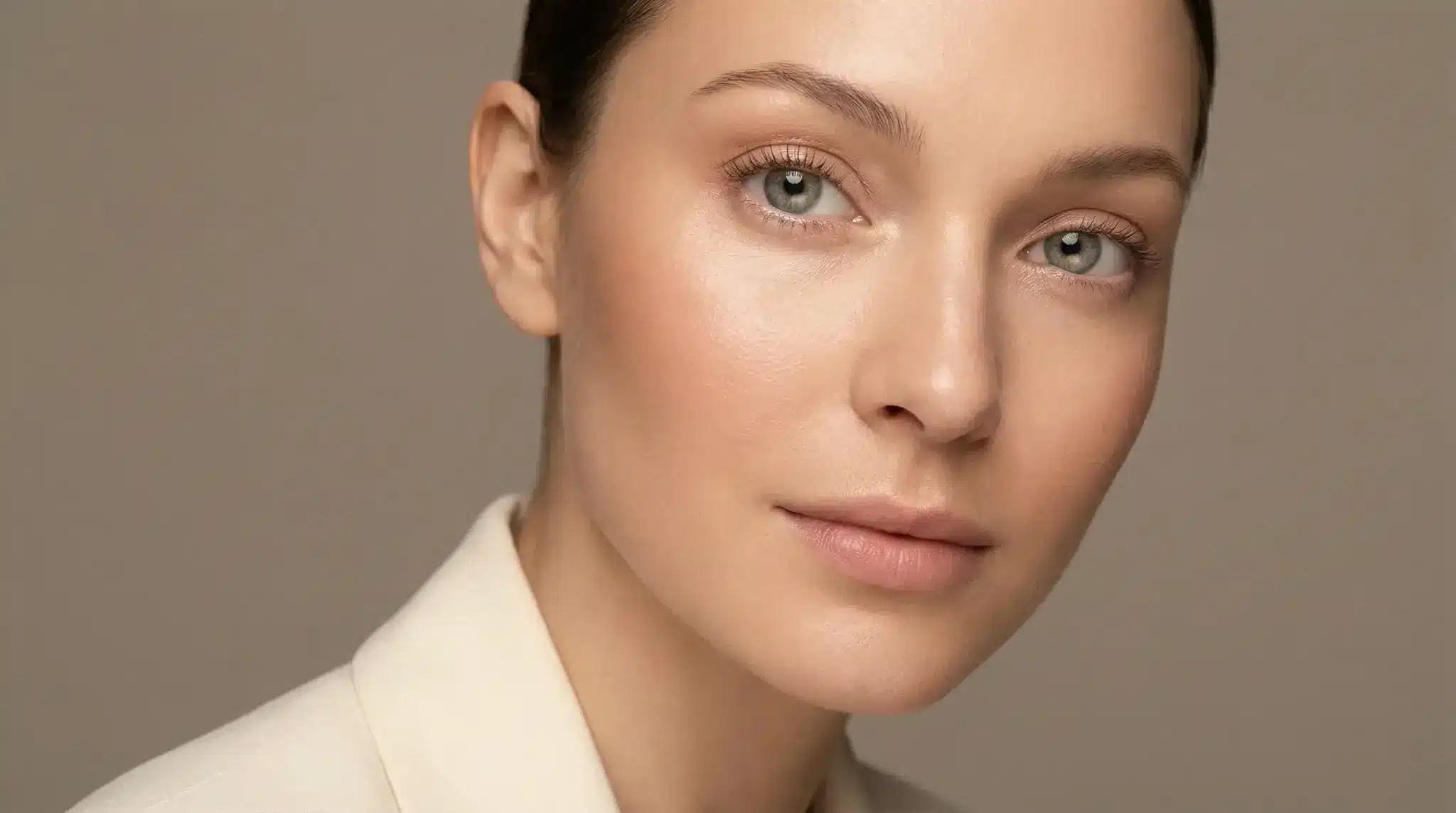 Close-up of a woman with natural makeup and neutral expression in soft lighting