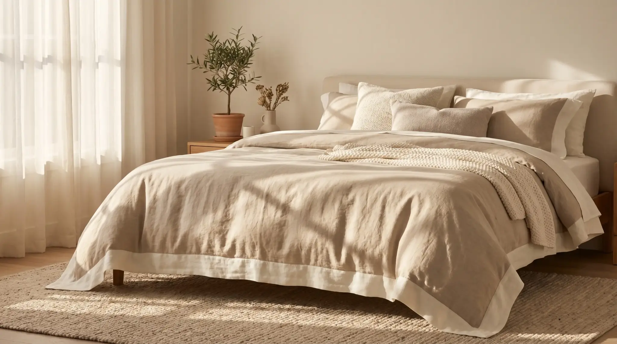 Beige bedding on a neatly made bed in a sunlit bedroom with potted plants