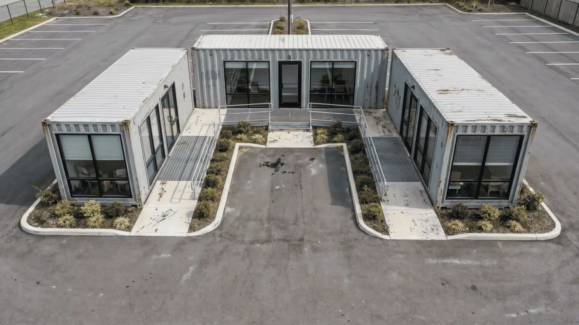 Three shipping containers arranged in U shape as office space