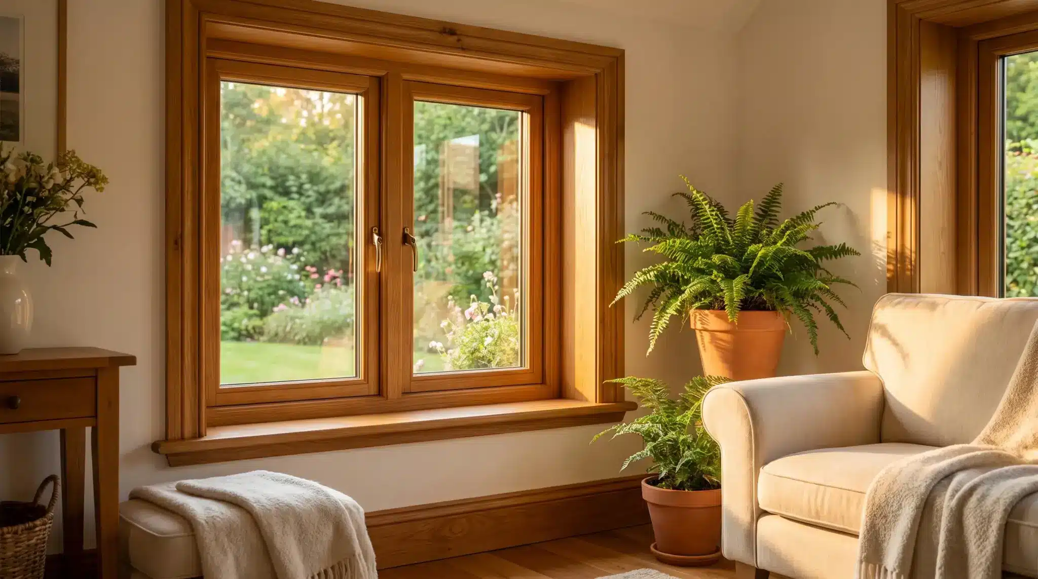 Cozy living room with potted fern beside beige armchair and wooden-framed window revealing garden