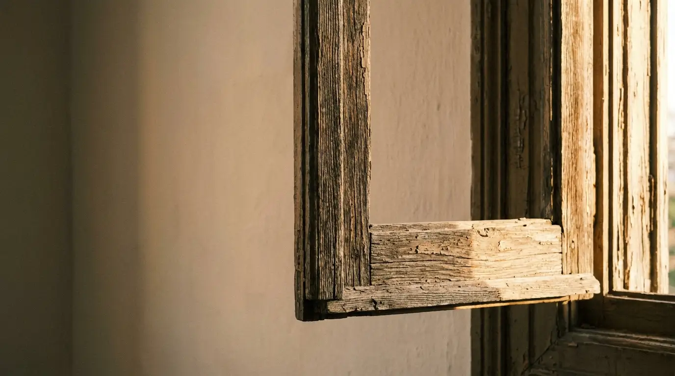 Weathered wooden window frame illuminated by warm sunlight indoors