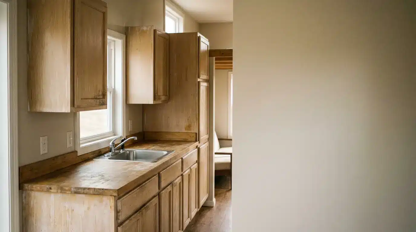 Wooden kitchen cabinets and countertop with stainless steel sink in bright, neutral-toned room