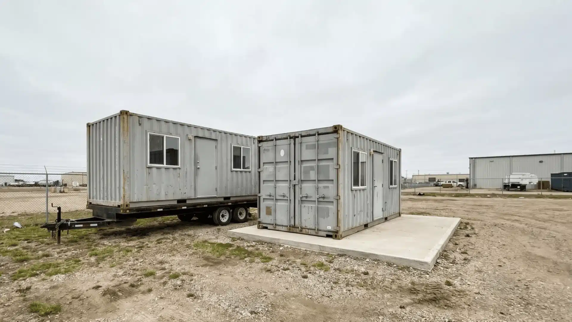 Trailer-mounted container office next to container on concrete slab