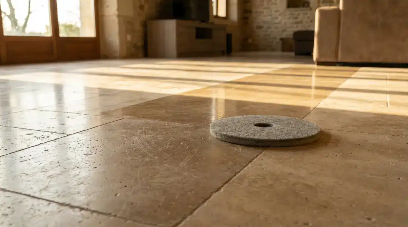 Polishing pad resting on a sunlit stone tile floor in a cozy living room