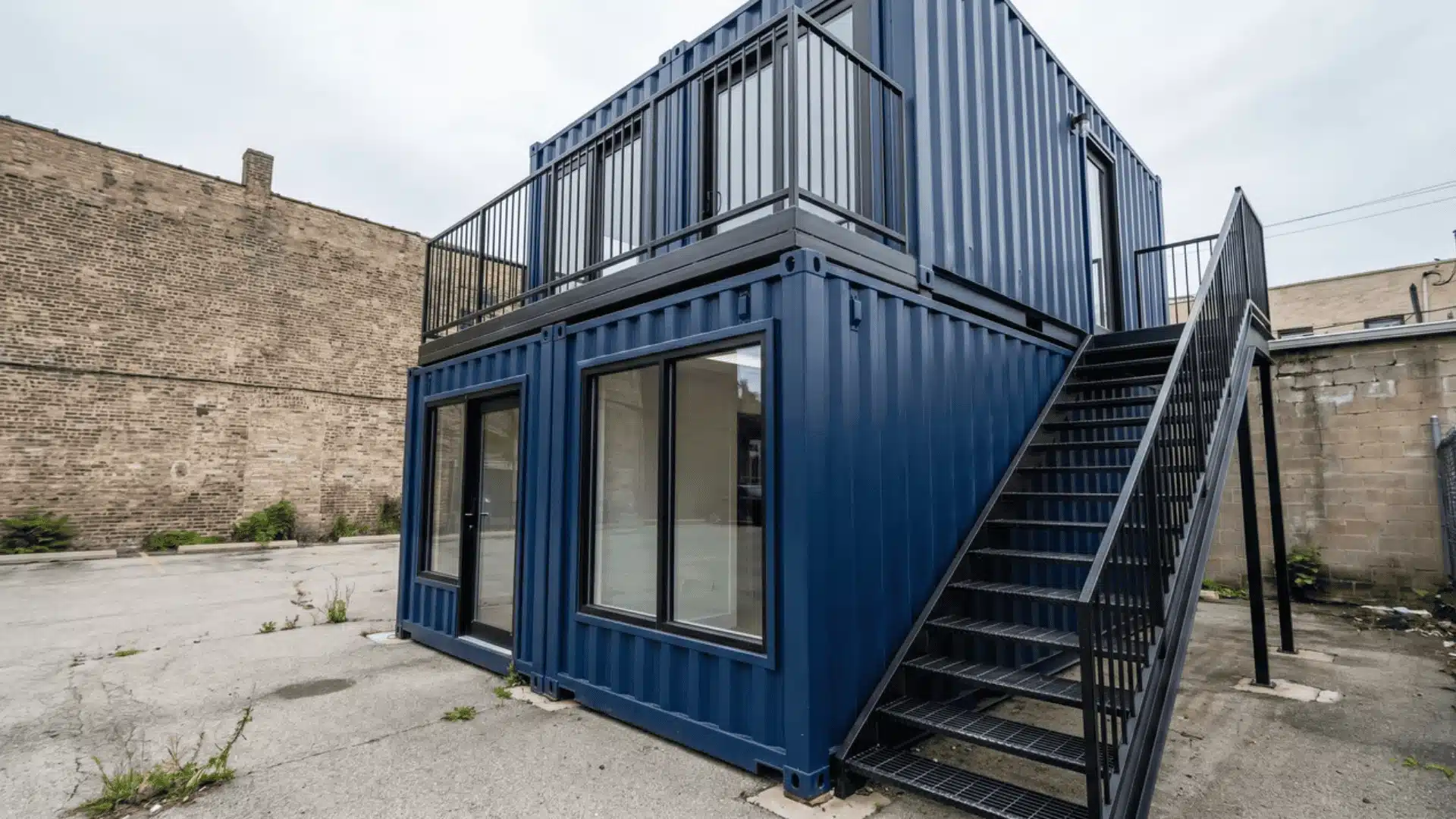 Two stacked shipping container offices with exterior stairs