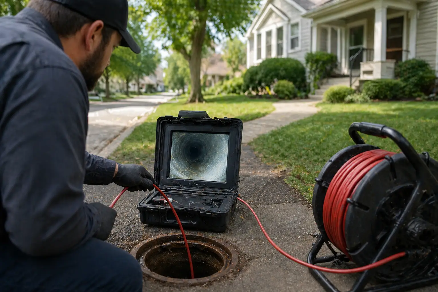 Technician inspecting drain with camera equipment on suburban sidewalk