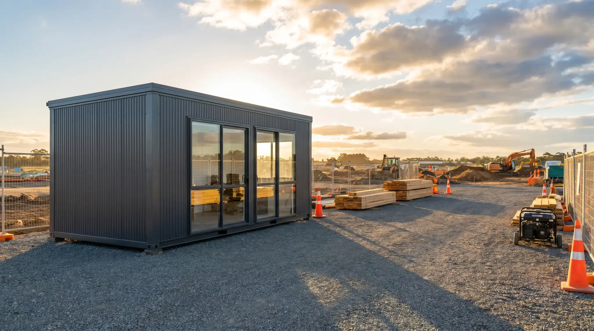 Modular black building on construction site with machinery and lumber under sunny sky