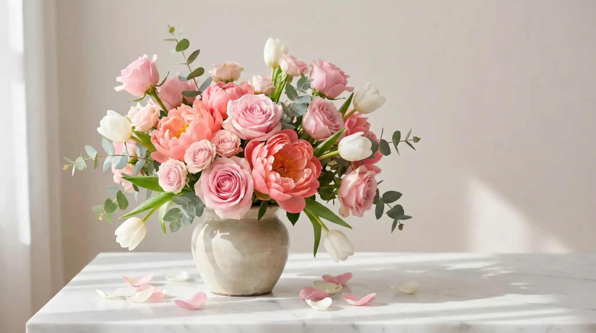 Pink and white roses in ceramic vase on marble table in soft natural light