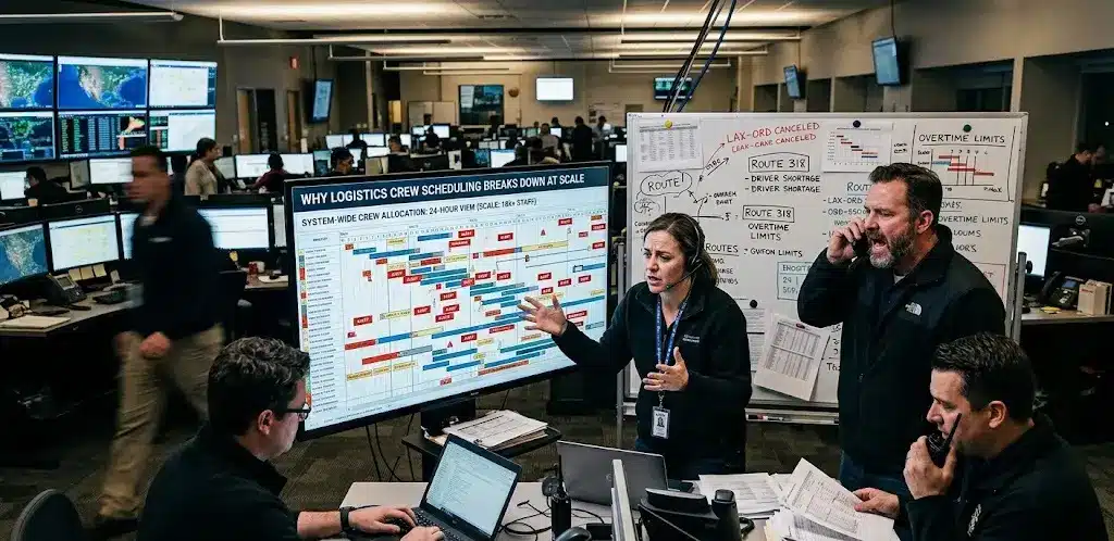 Team discussing logistics scheduling in a busy operations center with screens and charts displayed
