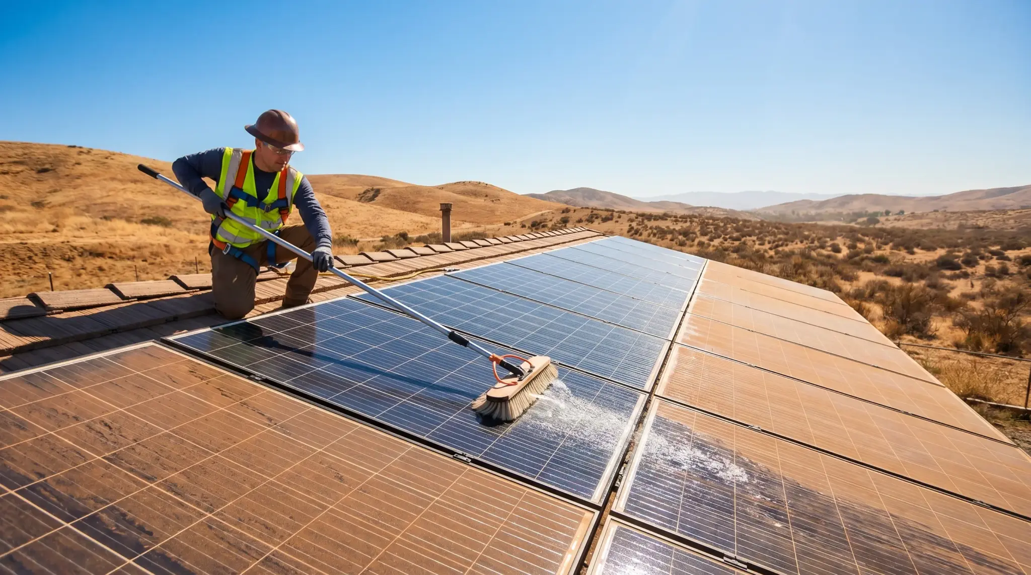Worker cleaning solar panels on a rooftop in a rural landscape under clear blue sky