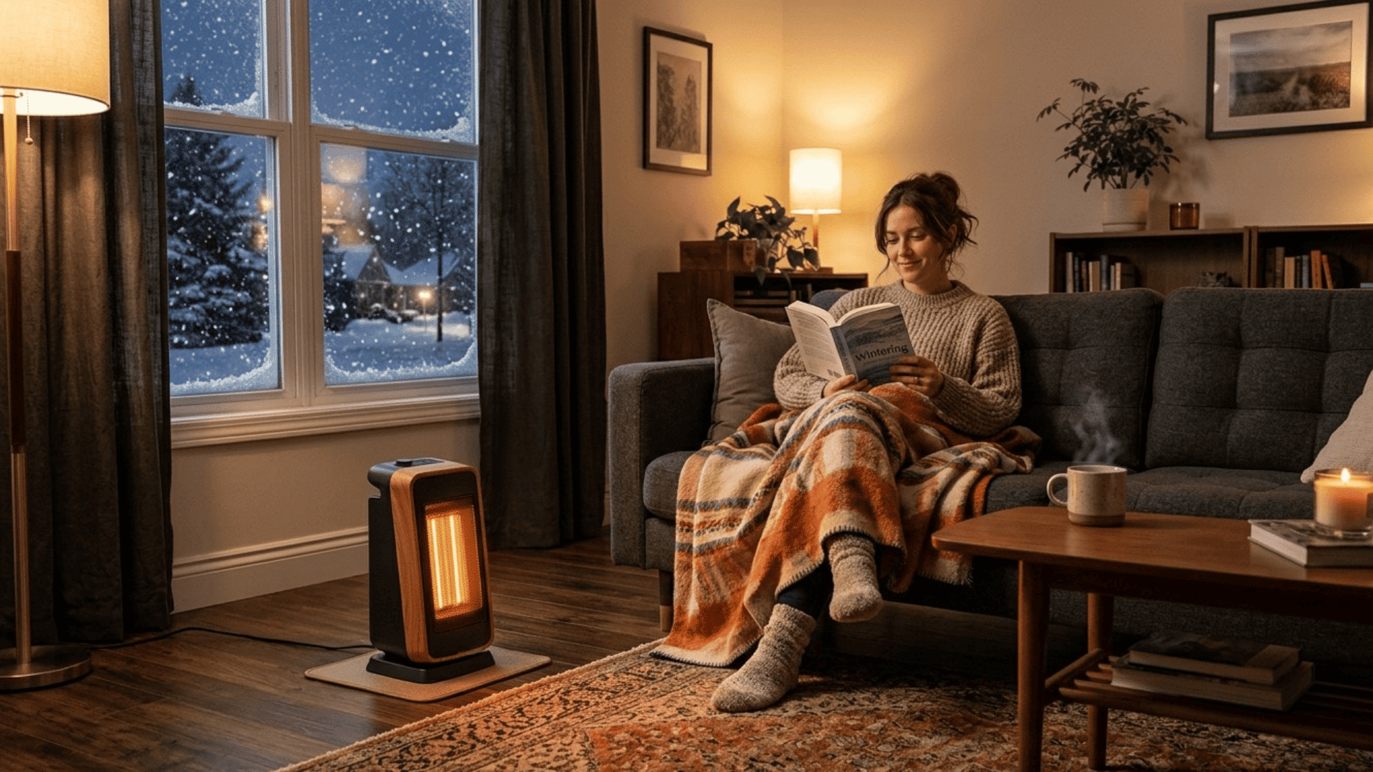woman sitting on couch reading book with blanket, space heater warming room near window
